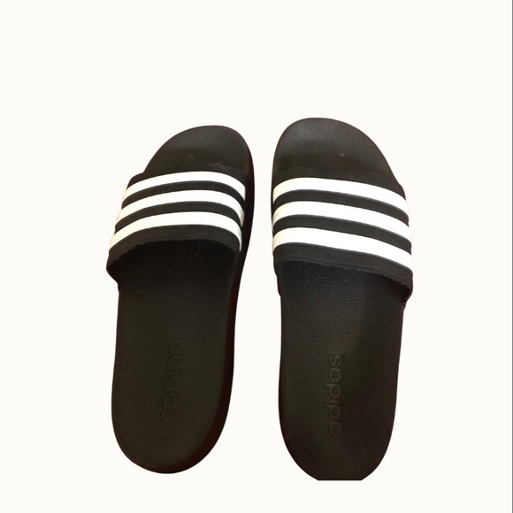 Adidas Black White Sporty Stripped Slides Big Kid 5 - Picture 1 of 2